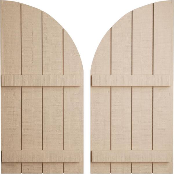 Ekena Millwork 22 in. x 84 in. Polyurethane Rough Cedar 4-Board Joined Board and Quarter Arch Top Shutters Primed Tan