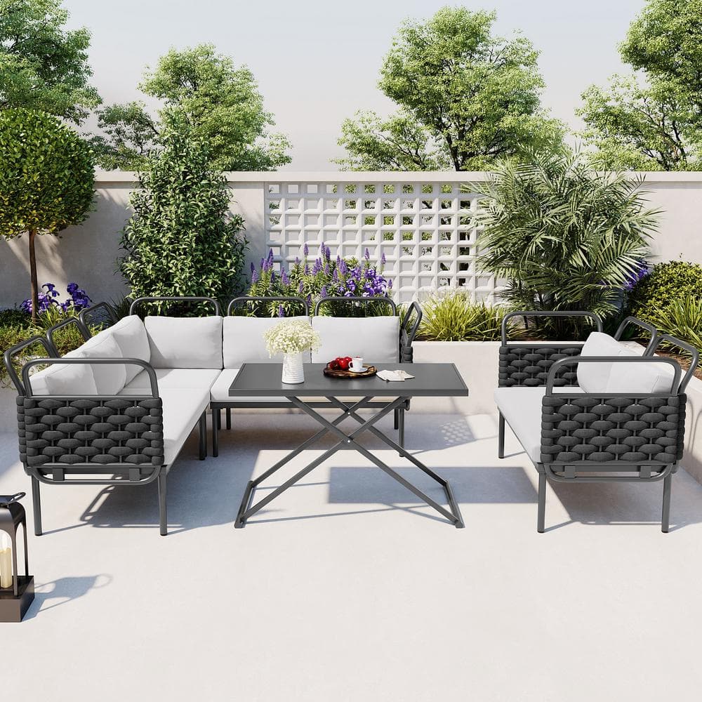 Black 5-Piece Metal Outdoor Patio Sectional Sofa Set Woven Rope Conversatio