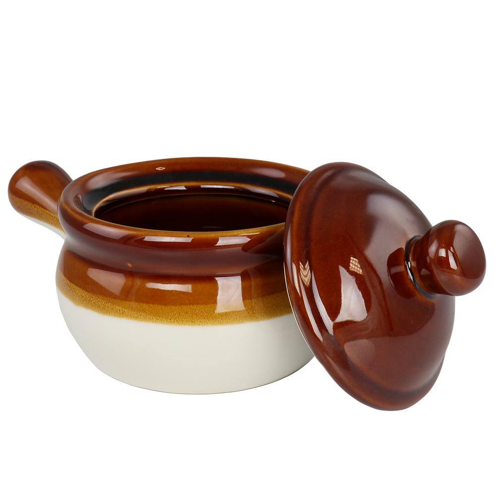 Brown and White Stoneware French Onion Soup Bowls with Lids, Set of 4