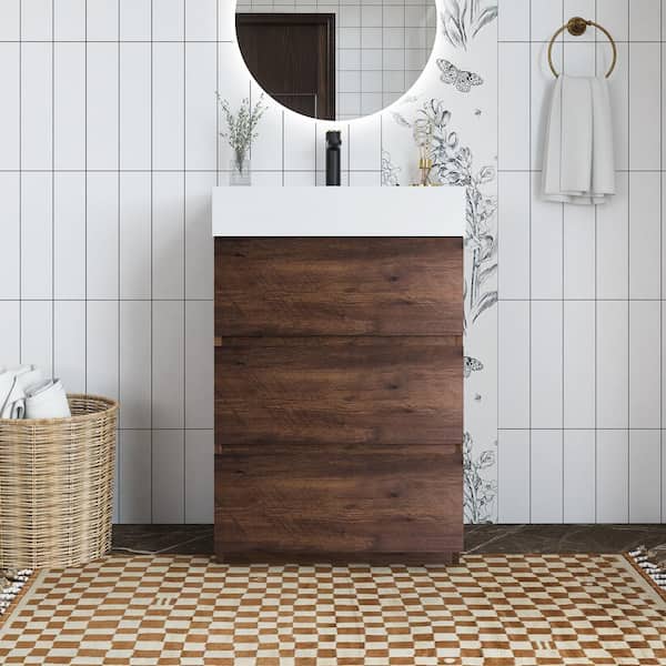 Unbranded 24 in. W x 18 in. D x 37 in. H Single Sink Freestanding Bath Vanity with White Cultured Marble Top in Walnut