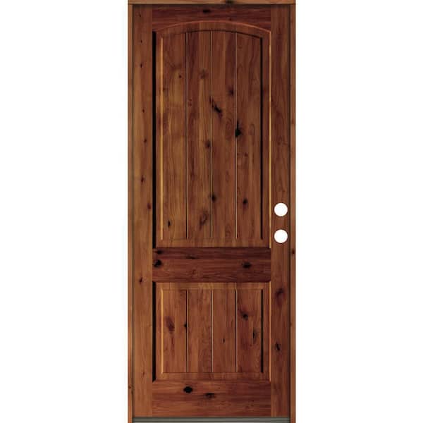 Krosswood Doors 32 in. x 96 in. Rustic Knotty Alder Arch Top V-Grooved Red Chestnut Stain Left-Hand Wood Single Prehung Front Door