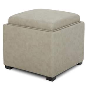 Riley 18 in. Wide Leather Contemporary Square Storage Ottoman with Tray Serve as Side Table in Stone Gray