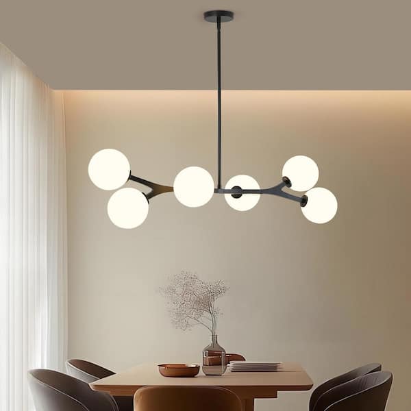 KAISITE 40 in. 6-Light Black Modern Hanging Light With Fluted Milk Glass Globe Shade Mid Century Kitchen Island Chandelier Light