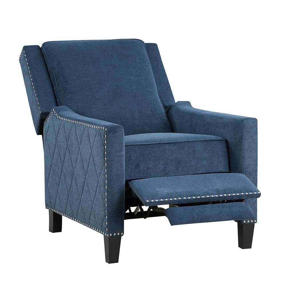 Blue Fabric Upholstered Push Back Recliner with Nailhead Trim