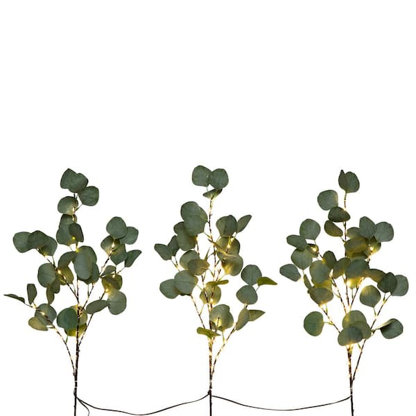 23 in. in Green Pre-Lit 36 LED Artificial Eucalyptus Branch Stems (Set of 3)