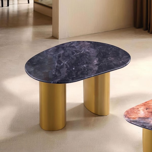 Shane 31.5 in. Black and Matte Gold 2-Leg Oval Sintered Stone End Table with Soft Curved Edges