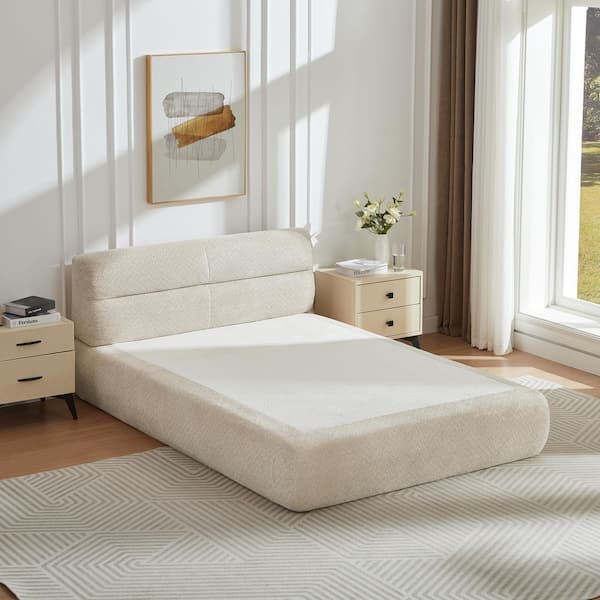 Compressible Beige Frame Queen Platform Bed, Sofa Bed, Chenille Fabric with Headboard, Pocket Spring Support