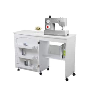 White Folding Sewing Craft Cart with Storage Shelves and Lockable Casters
