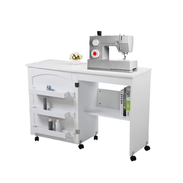 Gymax Folding Sewing Table Shelves Storage Cabinet Craft Cart W/Wheels, White