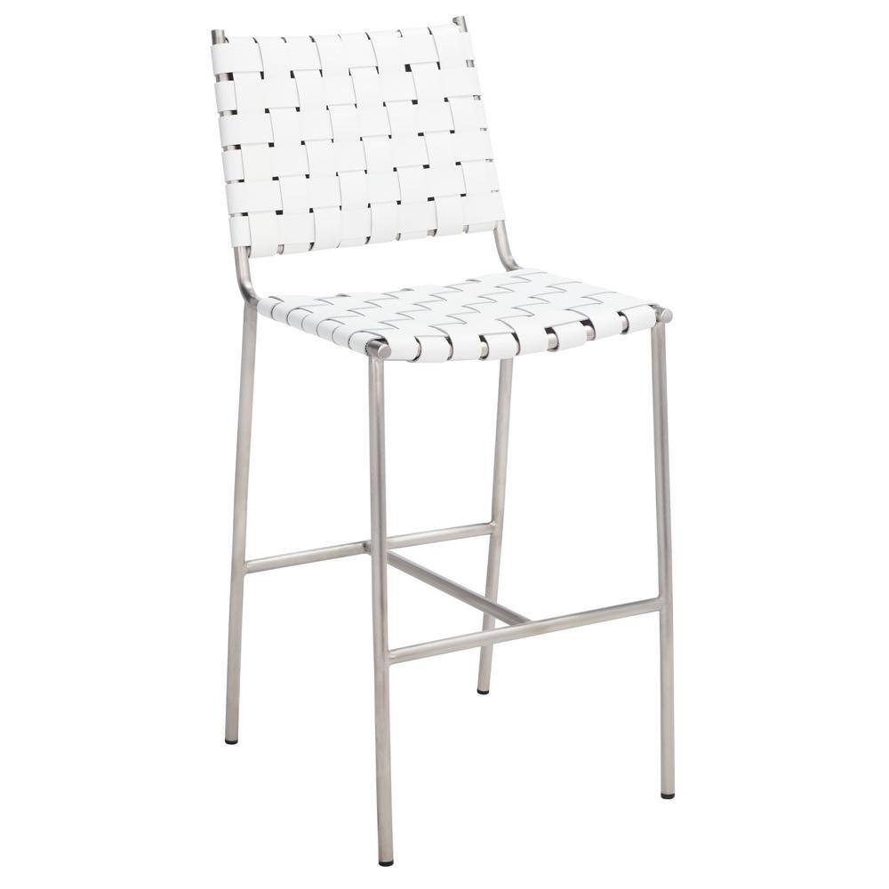 Olenna 41" White Leather and Silver Metal Saddle Counter Stool
