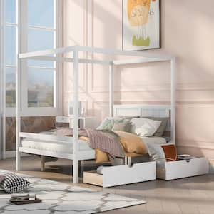 GODEER 80 In. W White Full Size Canopy Platform Bed With 2-Drawers ...