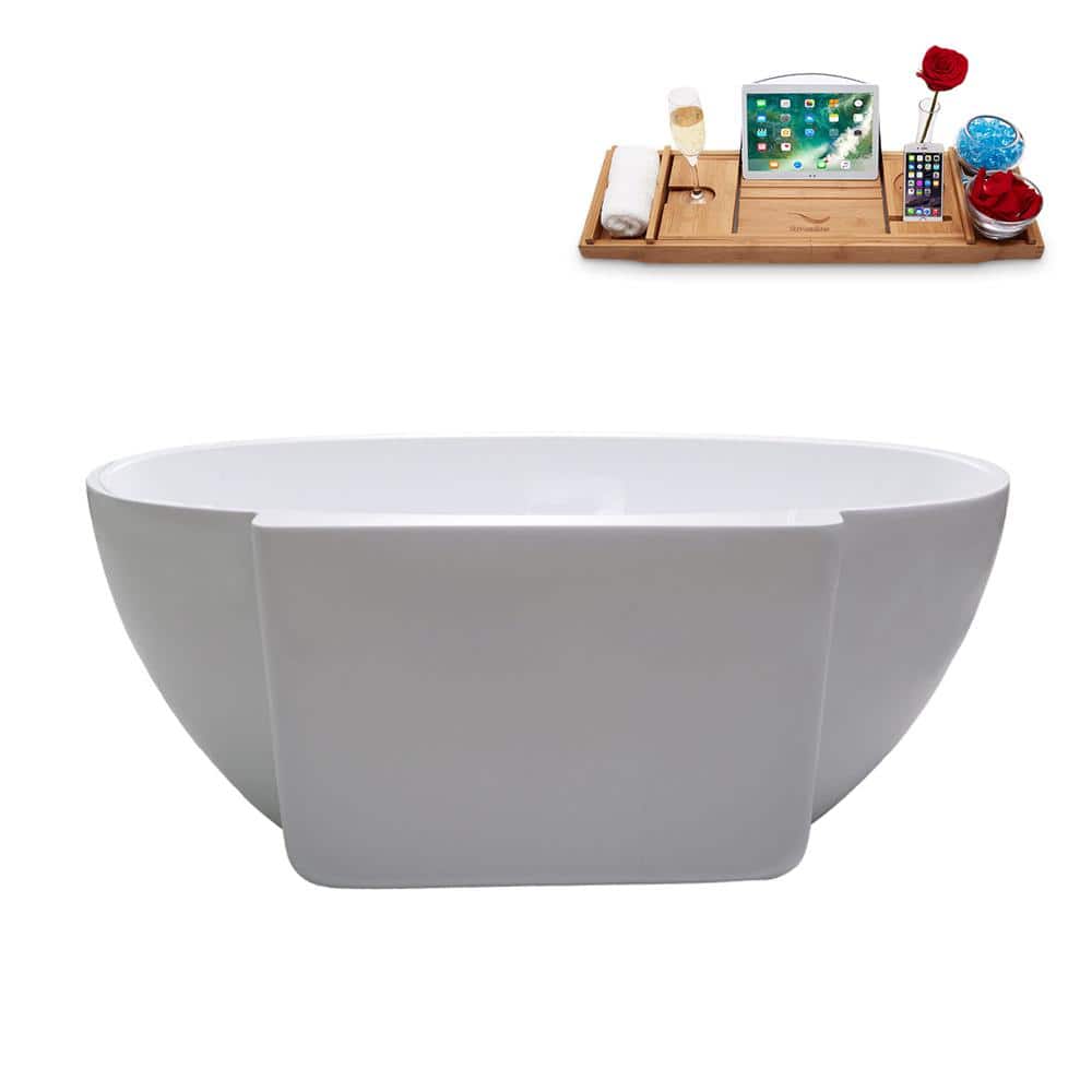 59" Glossy White Acrylic Freestanding Soaking Bathtub with Polished Brass Drain