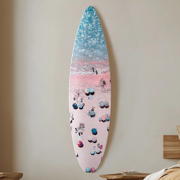 Surfboard 15 in. x 59.5 in. Multi-colored Crowd on the Beach-by AAD Beach Shore Decor MDF Wall Art