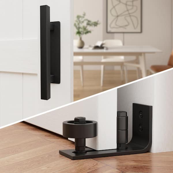 12 in. Black Barn Door Handle Set with 8-in-1 Adjustable Floor Guide