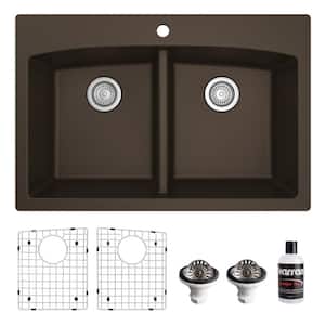 QT-710 Quartz/Granite 33 in. Double Bowl 50/50 Top Mount Drop-In Kitchen Sink in Brown with Bottom Grid and Strainer
