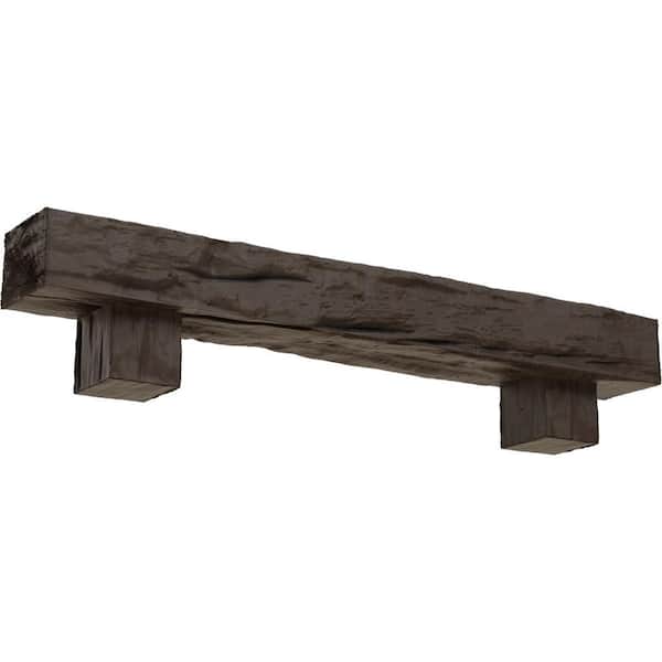 Ekena Millwork 6 in. x 8 in. x 4 ft. Riverwood Faux Wood Fireplace Mantel Kit with Alamo Corbels, Natural Honey Dew