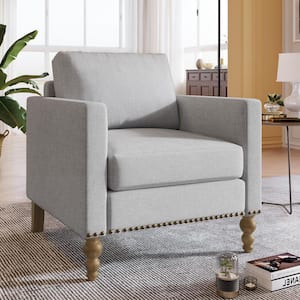 Light Gray Classic Linen Armchair Accent Chair with Bronze Nailhead Trim and Wooden Legs, Single Sofa Couch