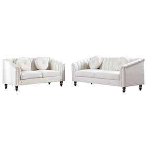 75 in. Round Arm 2-Piece Velvet L-Shaped Sectional Sofa in Beige