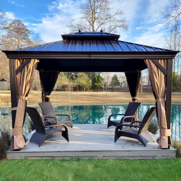 12 ft.x 12 ft.Bronze Aluminum Power-Coated Frame Galvanized Steel Double Roof Hardtop Gazebo,Hooks,Netting,Khaki Curtain