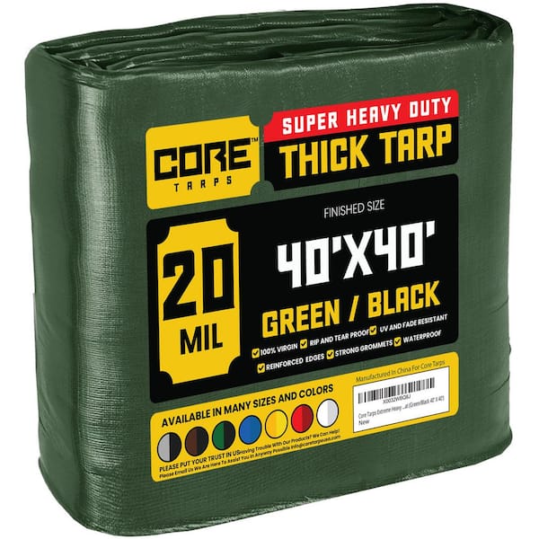 CORE TARPS 40 ft. x 40 ft. Green/Black 20 Mil Heavy Duty Polyethylene Tarp, Waterproof, UV Resistant, Rip and Tear Proof