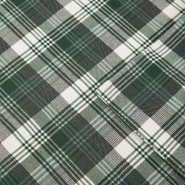 Cotton Flannel 4-Piece Green Plaid Queen Sheet Set