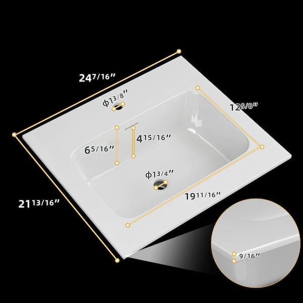 24 in. W x 22 in. D Solid Surface Rectangular Single Sink Vanity Top in White for Bathroom Cabinet with Faucet Hole