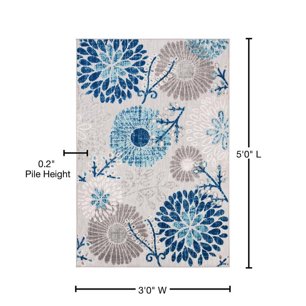 Gray and Blue Floral Synthetic Indoor/Outdoor Rug 3' x 5'