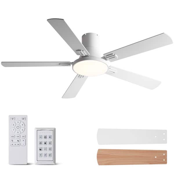 Thalion 52-in. Indoor/Outdoor Integrated LED Matte White Ceiling Fan with Remote Control and Flush Mount for Bedroom