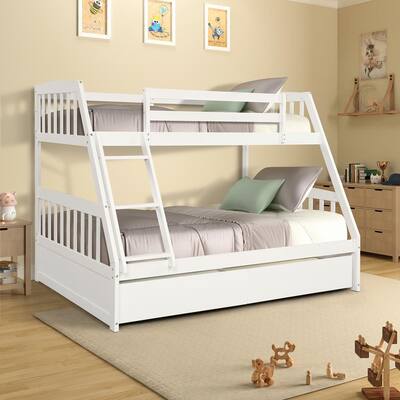 White Solid Wood Twin Over Slat Headboard Full Bunk Bed with 2-Storage Drawers