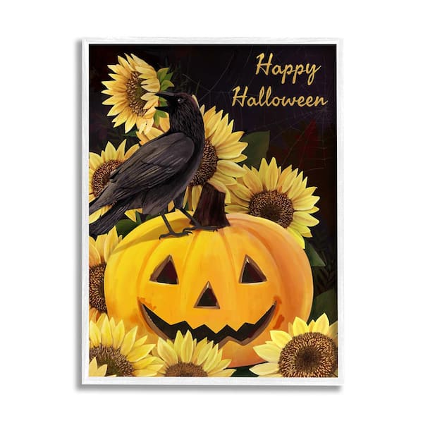 Stupell Industries Crow on Jack-o-Lantern by Diane Neukirch 1 Piece Framed Graphic Print Animal Poster Art Print 14 in. x 11 in.