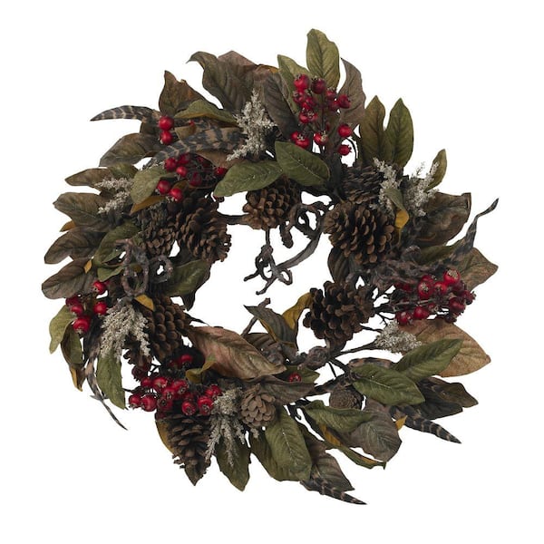Nearly Natural 24in. Artificial Wreath with Pine Cones, Berries, and Feathers