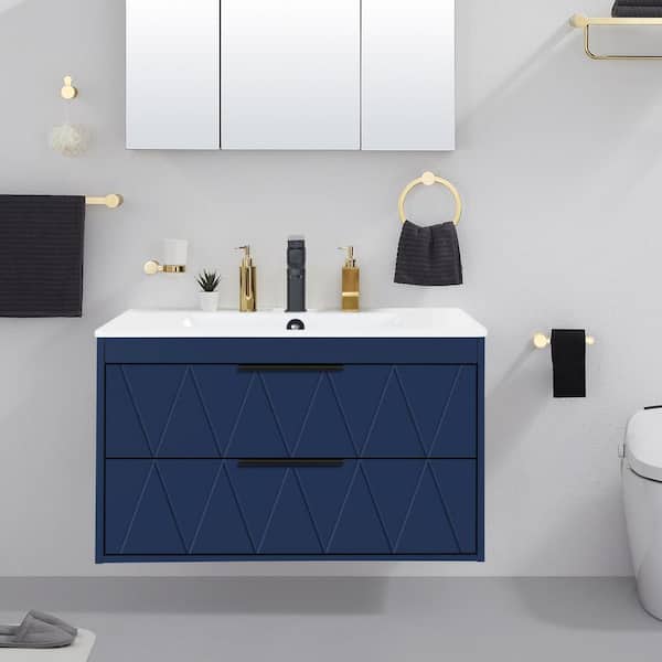 eclife 30 in. W x 18.1 in. D x 18.1 in. H Single Sink Bath Vanity in Blue with White Ceramic Top and Drain Faucet Set