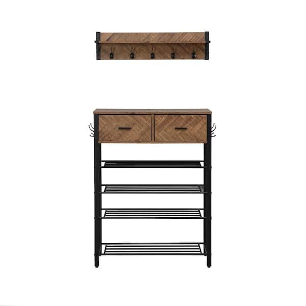 Amucolo 42.32 in. H One Set Entryway 4-tier 12-Pair Brown Shoe Rack with 2 Drawers, Coat Rack