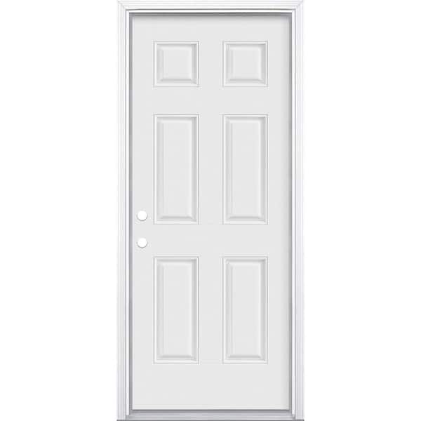Masonite 32 in. x 80 in. 6-Panel Right-Hand Inswing Primed White Smooth Fiberglass Prehung Front Exterior Door with Brickmold