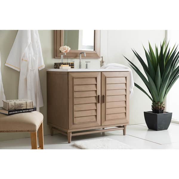James Martin Vanities Portland 36 in. W x 23.5 in.D x 34.3 in. H Single Vanity in Whitewashed Walnut with Solid Surface Top in Arctic Fall