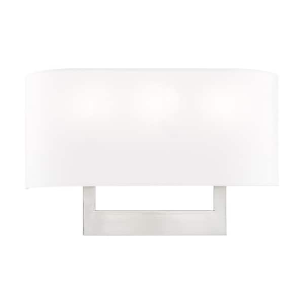Mercury 16 in. 3-Light Brushed Nickel ADA Wall Sconce with Off-White Fabric Shade