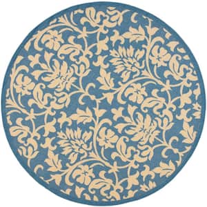 Courtyard Blue/Natural 7 ft. x 7 ft. Round Floral Indoor/Outdoor Patio  Area Rug