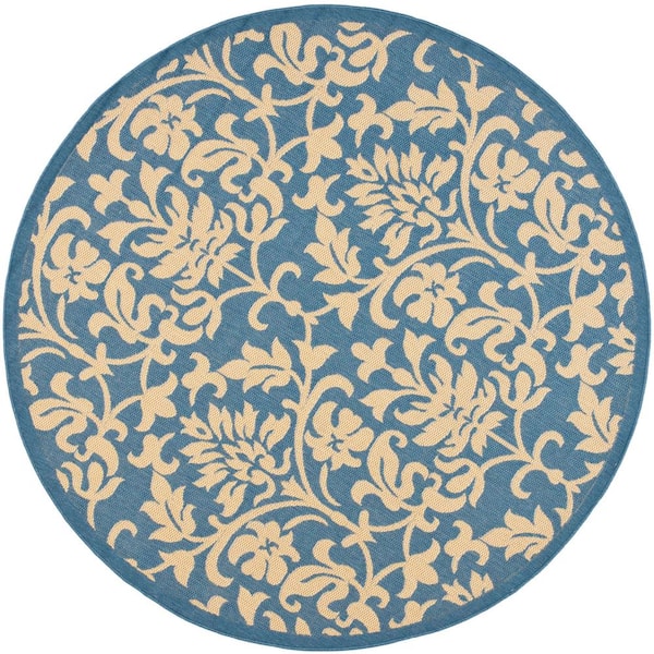 SAFAVIEH Courtyard Blue/Natural 7 ft. x 7 ft. Round Floral Indoor/Outdoor Patio  Area Rug