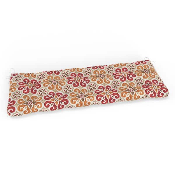 Pillow Perfect Medallion 60 in W x 5 in H Rectangular Outdoor Tufted Blown Bench Cushion with Ties 1-Count in Marbella Tuscan Brown