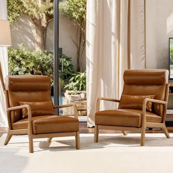 Bestier Brown Modern PU Leather Accent Chair Set of 2 with High Back and Solid Wood Frame Arm Chair