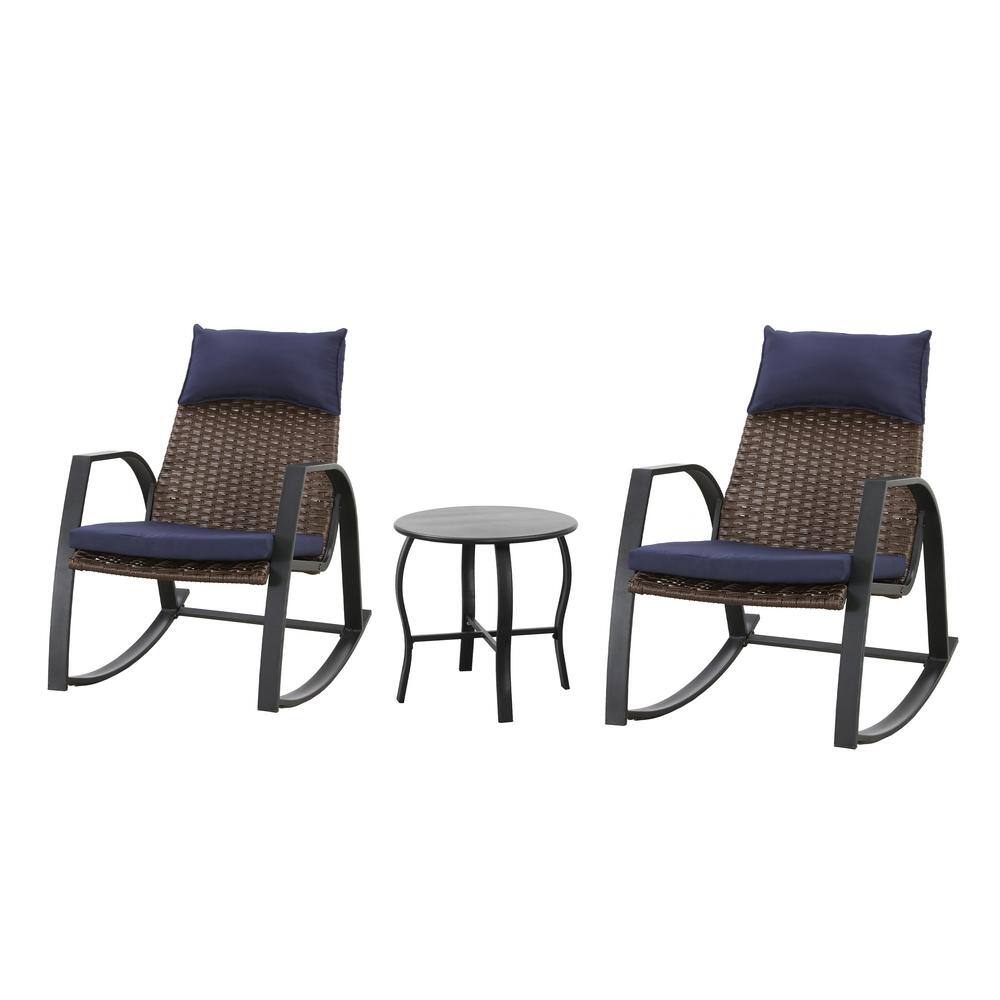 Modern Black Galvanized Steel Rocking Bistro Set with Blue Cushions