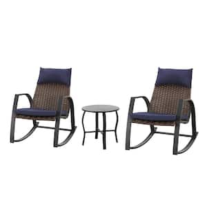 3-Piece Wicker Rocker Chairs Outdoor Bistro Set Patio Conversation Set with Blue Cushions