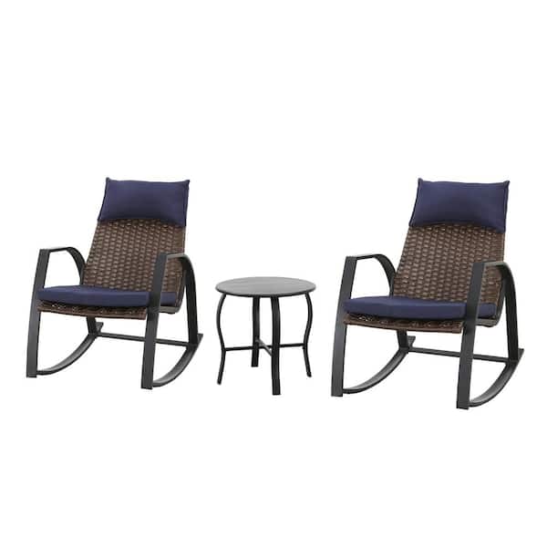 TOP HOME SPACE 3-Piece Wicker Rocker Chairs Outdoor Bistro Set Patio Conversation Set with Blue Cushions
