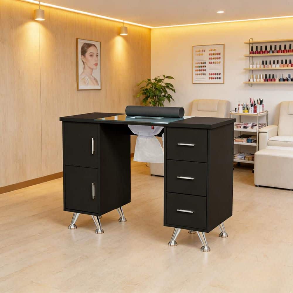 42.5 in. Rectangular Black MDF and Glass 3-Drawer Manicure Table Nail Desk with Cabinet, Electric Dust Collector