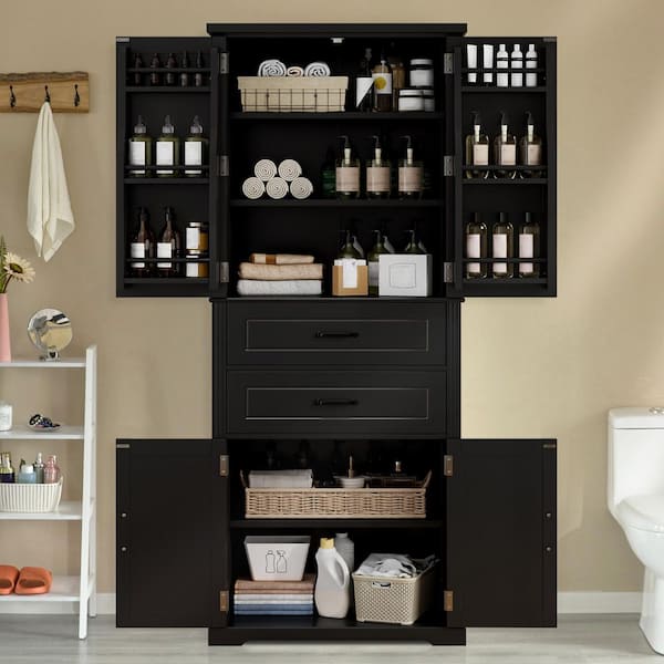30 in. W x 15.75 in. D x 72.5 in. H Black Wood Linen Cabinet Storage Cabinet W/ Adjustable Shelves, 2 Drawers