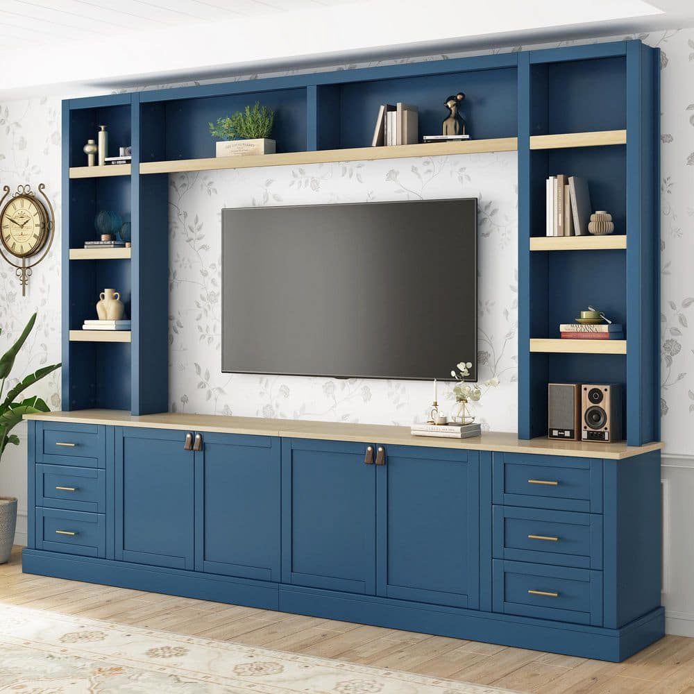 Kari Modern Large Wall Unit Entertainment Center Navy Blue TV Stand Fits TVs up to 75 in. with Drawers, Bookshelves