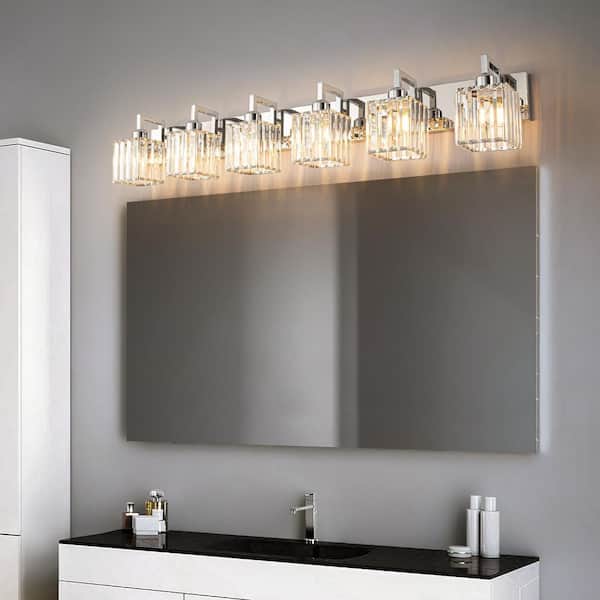 Home Lighting Fixture Width 44.09 in. 6-Light Chrome Modern Crystal Vanity Lights Wall Sconces for Bathroom