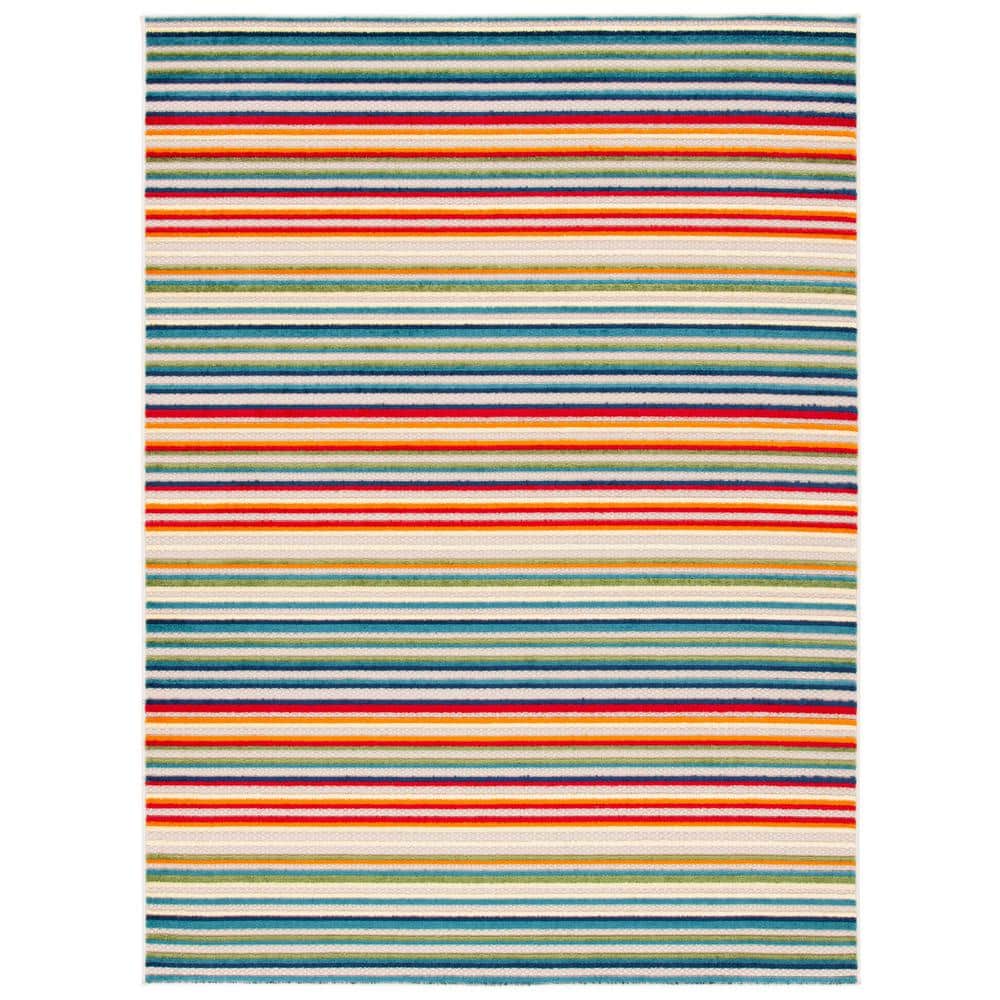 Ivory and Green Geometric Striped Synthetic 3' x 5' Rug