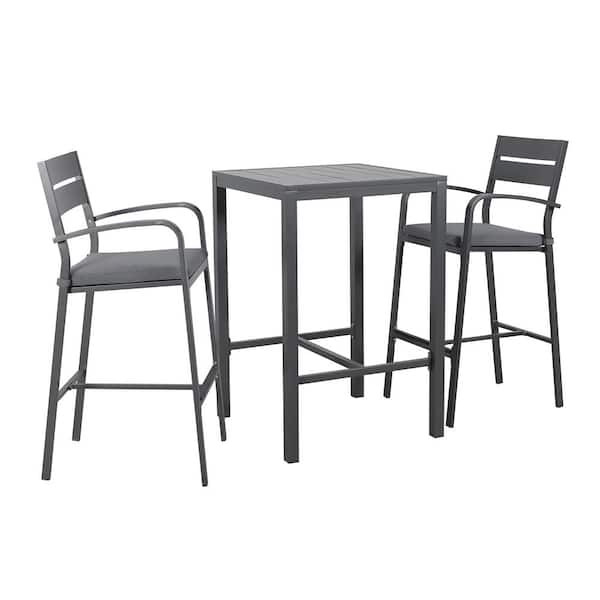 Freestyle 3-Piece Aluminum Grey Bar Height Outdoor Bistro Dining Set with Dining Table, Dark Grey Cushion