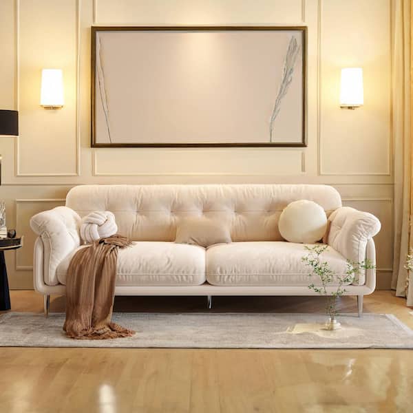 JASIWAY 88.6 in. Width Slope Arm Velvet Straight Sofa in Beige